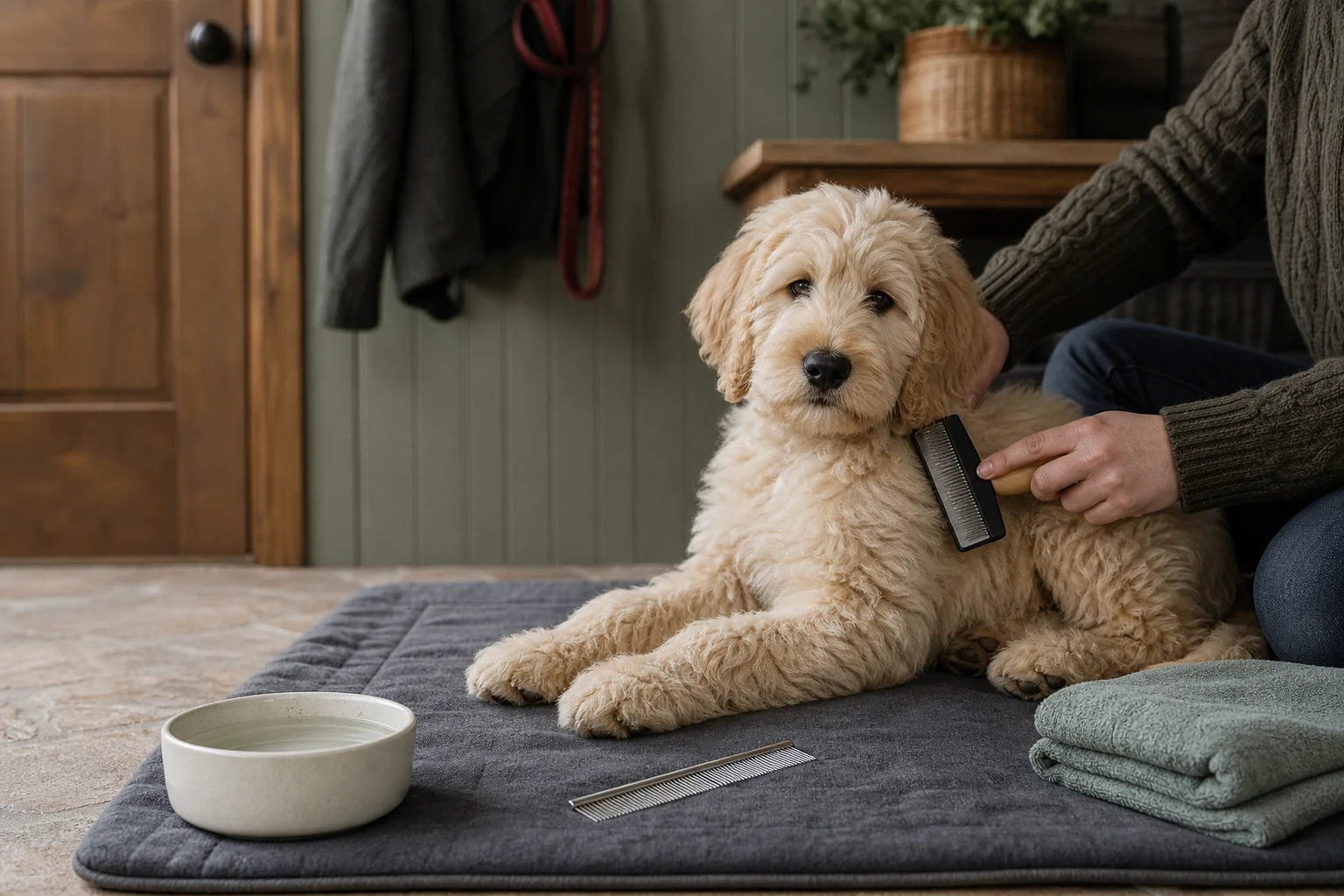 Cream Australian Labradoodle puppy receiving gentle at-home grooming care