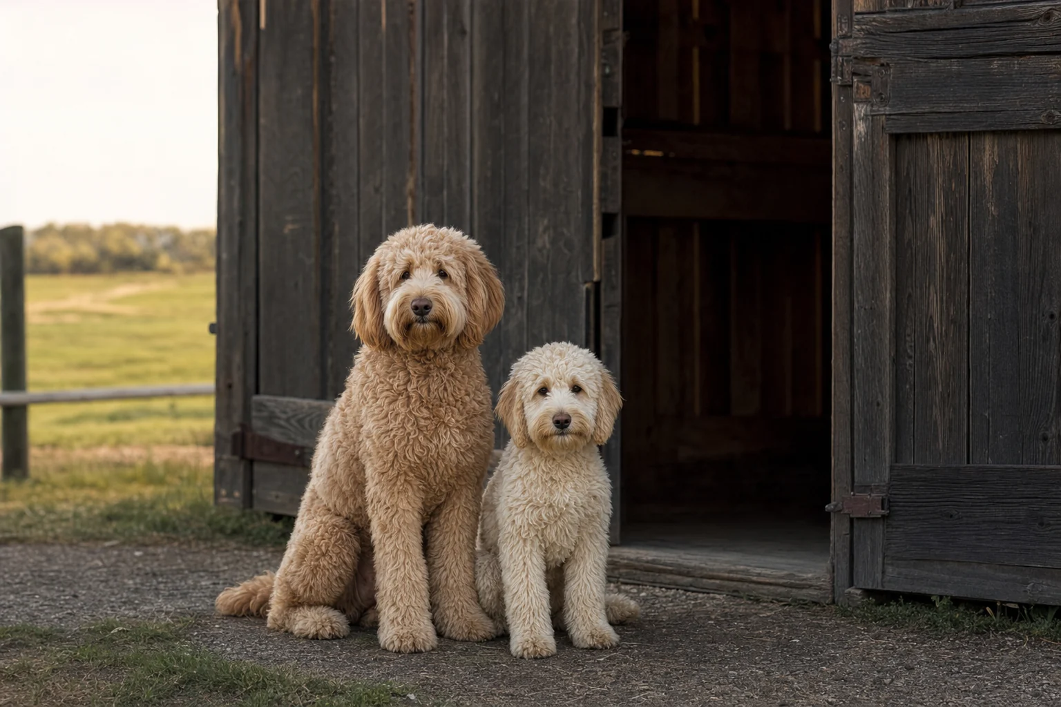 Two Australian Labradoodles together at a Central Alberta ranch barn